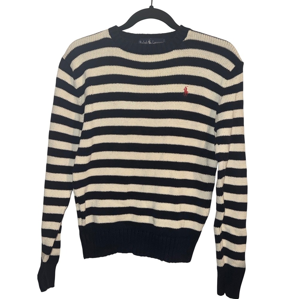 Ralph Lauren Womens Sz M/L Navy Cream Striped 100% Cotton Sweater Red Pony